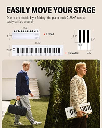 Donner DP-06 Piano à Clavier Pliable Pour Débutants, Clavier de Piano Portable 61 Touches, Clavier de Piano Électrique Numérique avec Bluetooth, Blanc
