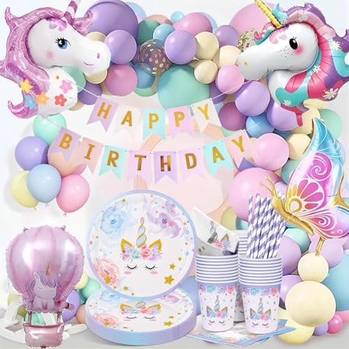 Decoration Anniversaire Licorne, 147 Pièces Assiettes Anniversaire Licorne Deco, Arche Ballon Banner Licorne Fille, Kit Anniversaire Licorne Assiettes Gobelets Serviettes Ballons pour Enfants Party