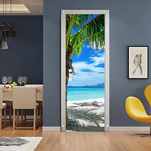 A.Monamour Sticker Porte Autocollant Poster De Porte 3D Cocotier Tropical Plage De Sable Bleu Mer Nature Paysage Vinyle Affiche De Porte Sticker Mural Papier Peint Art Décor 77 x 200 cm