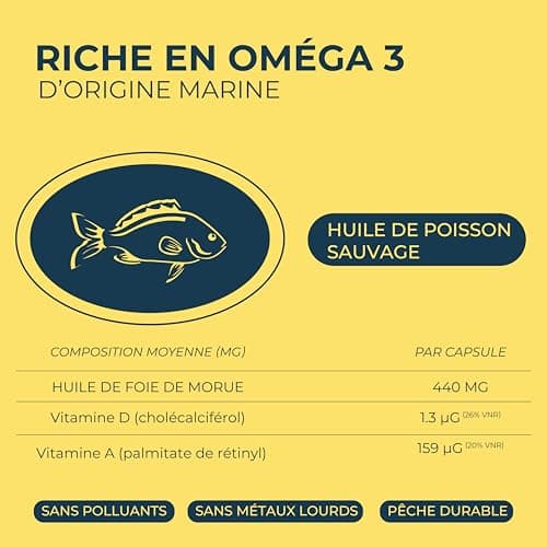 OM3 - Huile de Foie de Morue, Vitamine A et D -Défenses immunitaires - Vision -Ossature normale - Maxi format -120 capsules