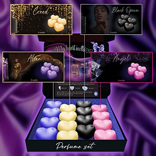 Assortiment de Senteurs Fondant Parfumé pour Bruleur Fondant, 16 x 5g Tartelette en Forme de Coeur, 4 Pcs de Chaque Angel, Alien, Black Opium & Creed, en Cire de Soja Vegan