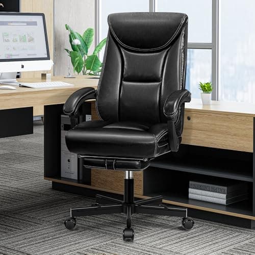 DoChair Fauteuil de Direction Chaise de Bureau Large siège de Bureau Ergonomique Dossier Haut 150KG avec Repose-Pieds Office Chair en Cuir PU, Noir