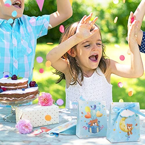50Pcs Boîtes Baptême Cadeau Bonbonnière 8x4x10CM Sachets Mariage Ballotin Papier Coffret Faveur avec Ruban et Etiquette Cartes pour Décoration Anniversaire Garçon Fille(Bleu)