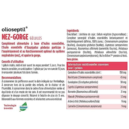 OLIOSEPTIL - Gélules Nez-Gorge - Complexe de 7 Huiles Essentielles Pures et Chémotypées - Assainit le Système Respiratoire & Apaise la Gorge - Dès 15 Ans - 15 Gélules