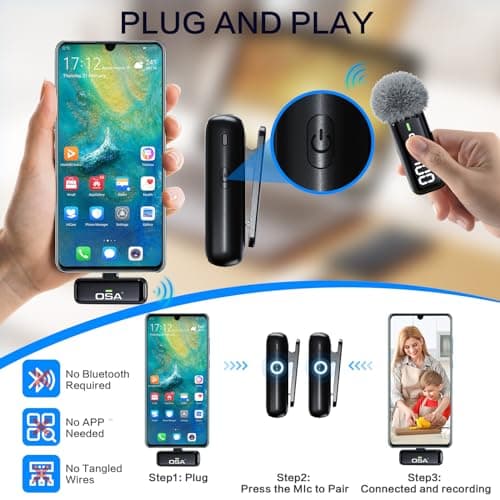OSA Micro Cravate pour téléphone avec étui de Chargement et émetteur Affichage numérique – Lot de 2, pour téléphone de Type C, Enregistrement, Enregistrement vidéo Professionnel(USB C)