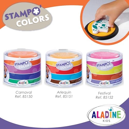 Aladine - 4 Encreurs Stampo Colors Carnaval - Encre pour Tampons Enfants - Taille XXL & Encre Lavable - Encreurs Géants Grand Format - Activité Manuelle, Loisirs Créatifs - Dès 3 ans