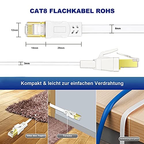 Ercielook Cat 8 Câble Ethernet 7,5m– Câble Réseau 40Gbps 2000MHz Plat STP RJ45 LAN Câble Compatible avec Routeur Modem Switch