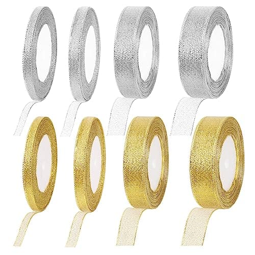Swpeet Lot de 8 rouleaux de 200 m au total 2 couleurs pailletées argentées et dorées, ruban à paillettes métallisées, rubans d'emballage cadeau d'environ 0,6 cm, 1,2 cm, 1,2 cm, 2,5 cm de large pour