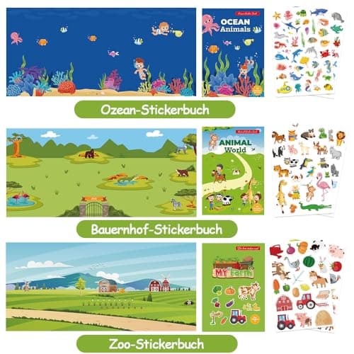 3 Pièces Livre Autocollant Réutilisable,Gommettes Enfants Zoo Océans Ferme,Autocollants 3D Réutilisables pour Tout Cadeaux d'apprentissage éducatifs Jeux Educatif pour Enfants de 2, 3, 4 ans