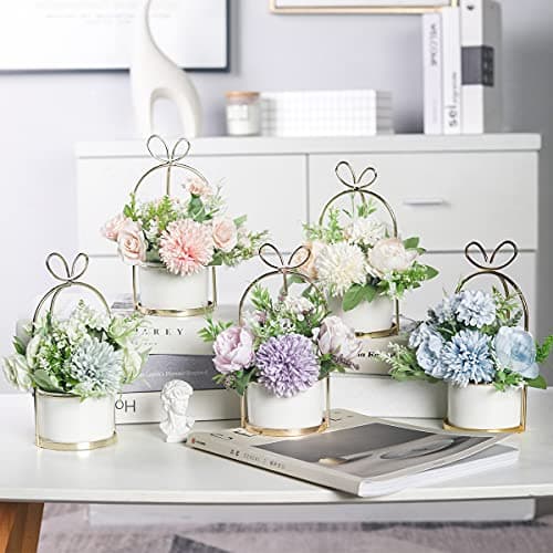 Hobyhoon Fleurs Artificielles avec Vase - Centre de Table Mariage Bouquet Floral d'Hortensia et Chrysanthème pour Décoration de Maison, Salon ou Bureau