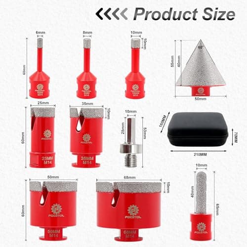 FOCSTOL Foret Diamant Carrelage Kit - 10 pièces (6/6/8/25/35/50/68mm+10mm Fraise+50mm Mèches Chanfrein Biseautées+Adaptateur) Scie Cloche Diamantée pour Porcelaine Carrelage Marbre Granit