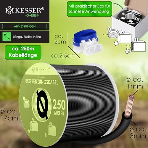 KESSER® Câble de délimitation de 250 m + 12 connecteurs de câble pour Robot Tondeuse à Gazon, kit d'accessoires Universel pour câble de Recherche Compatible avec Gardena, Bosch, Worx, Einhell, Honda,