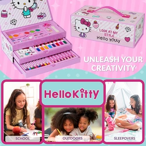 Hello Kitty Sanrio Coffret de Dessin Enfant, Kit Coloriage et Peinture, Crayons Feutres et Accessoires, Fournitures Kawaii en Mallette, Idée Cadeau Fille (Rose Hello Kitty à 3 Niveaux)