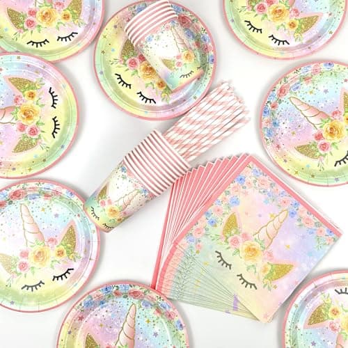 YEJIKJ 3 Ans Anniversaire Licorne Decoration Fille, Vaisselle Kit Assiettes Gobelets Licorne Ballon, Decoration Anniversaire Licorne 3 Ans Kit pour Party Fête Anniversaire Fête Décorations (16 Invités