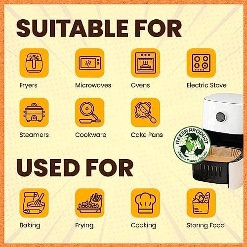PORTENTUM Papier cuisson air fryer - 100 pièces Food-Grade BPA gratuit, 20 x 20 cm, pour friteuse sans huile 5 à 8 litres - Idéal pour la cuisson saine