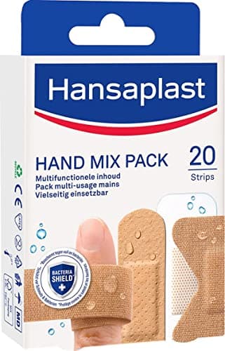 HANSAPLAST 20 Pansements Mix-Pack Mains, pansements universels résistant à l’eau et à la saleté, pansements prédécoupés spécial doigts
