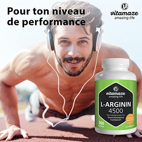L-Arginine 4.500 mg Fort pour les Sportifs - 360 Gélules (3 Mois) - Performance Physique - Supplément d'Arginine Pure et Naturelle sans Additifs Inutiles
