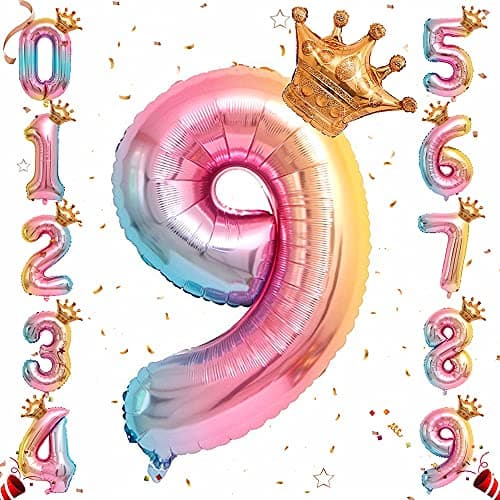 Ousuga Ballon de numéro de feuille d'hélium, ballons de numéro de dégradé arc-en-ciel de 32 pouces avec couronne pour anniversaire, décorations de fête d'anniversaire (# 9)