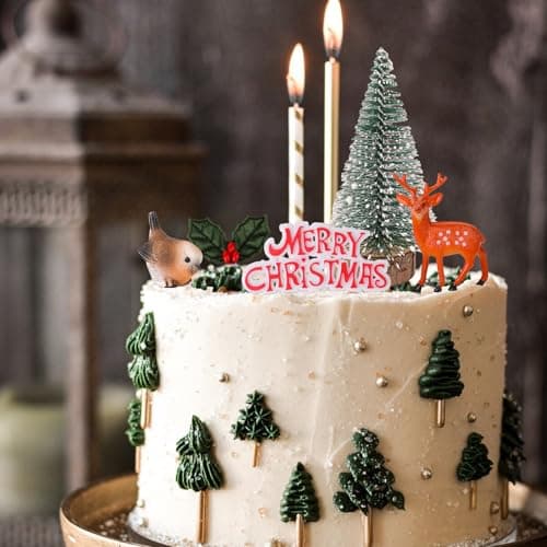 BETESSIN Ensemble de 5 Décoration Gâteau Noël Cake toppers Miniature Figurine Sapin Renne Oiseau Feuilles de Houx Joyeux Noël pour Cupcake Pâtisserie Desserts