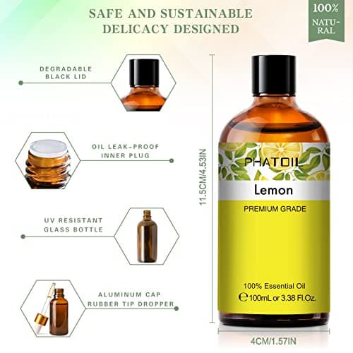 PHATOIL Huiles Essentielles Citron 100 ml, Huile de Citron Pure Naturelle pour Aromathérapie, Huile Essentielle pour Diffuseur, Bougie, Humidificateur