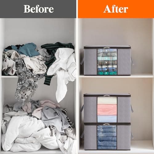 Lifewit Lot de 4 Sac Rangement Vetement 50L, Boite Rangement Pliable avec Poignées Renforcées, Housse de Rangement Couette, Caisse Rangement Sous Lit pour Vêtements, Couvertures, Jouets, Gris Clair