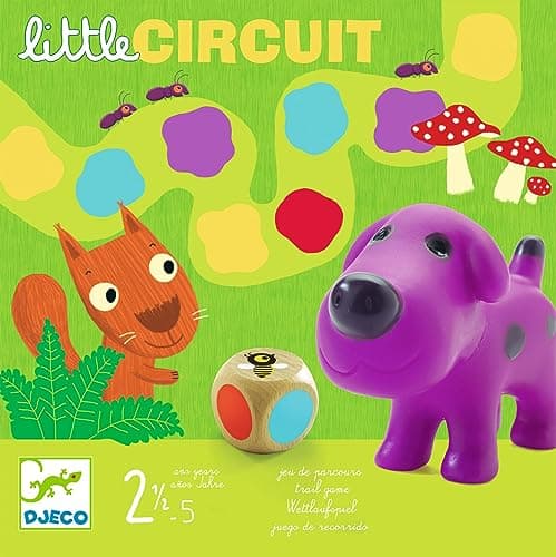 DJECO Little Circuit - Jeu de Société Enfant, 2,5 à 5 Ans - Jeu de Parcours avec 1 Plateau, 6 Pièces de Puzzle, 4 Figurines Animaux, 1 Dé, 15 Jetons - Apprentissage des Couleurs, Maîtrise du dé