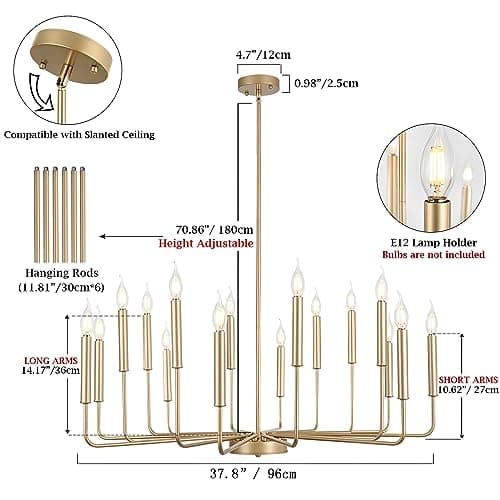 Lustres Dorés Modernes, Éclairage De Lustre Industriel En Métal À 16 Lumières, Suspension À Bougie Classique Pour Îlot De Cuisine, Salle À Manger, Salon, Entrée, Escalier E14 (Ampoules Non Incluses)