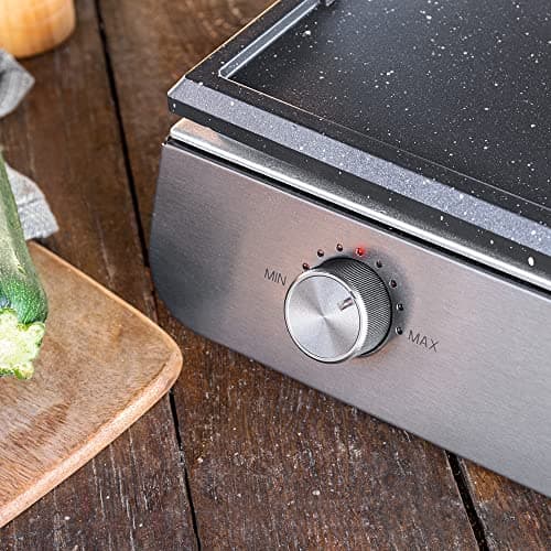 Cecotec PerfectRoast 3000 Barbecue électrique en inox 3 000 W, surface de cuisson mixte, revêtement anti-adhésif Rockstone, thermostat réglable, bac ramasse-graisses 03182