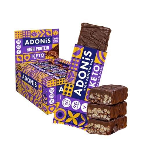 Barres Adonis Keto Riches en Protéines aux Double Chocolat (16 Barres de 45g) | Végétalien et Keto l 100% Naturel l Sans Sucre, Sans Lactose Faible, Keto Snacks