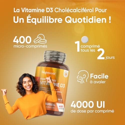 Vitamine D3 4000 ui - 400 Micro Comprimés Pour 1 An - Vitamine D3 Pour Immunité, les Os, Dents, Muscles, Forte Absorption Calcium - Vit D Cholécalciférol, Végétarien - 1 Comprimé Tous Les 2 Jours