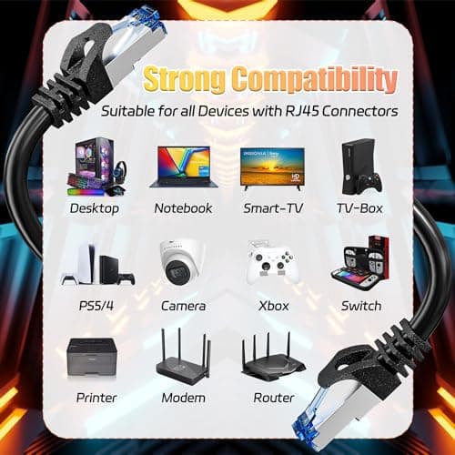 Cable Ethernet 25m, Cable RJ45 25m Cat 6 Blindé FTP Cable Réseau Haut Débit Gigabit 1000 Mbits Cable LAN 23AWG Noir Câble Internet Extérieur Intérieur Imperméable pour Routeur Modem