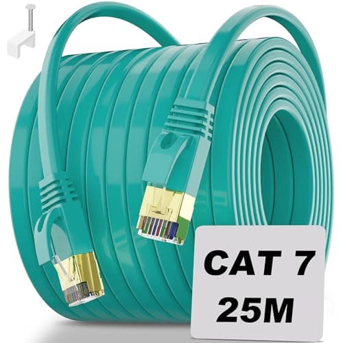 Cable Ethernet 25m Cat 7, Haut Debit Cable RJ45 Blindé 25m Câble Réseau Plat, Extérieur Intérieur Cable Internet 10Gbit/s Câble Wifi Gigabit, Cable Patch FTP Anti-interférence 25m Cable LAN (25 clips)
