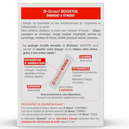 D-STRESS BOOSTER Lot de 3 + 1 Produit Synergia Offert | Magnésium de 3ème Génération + Taurine + Arginine + Vitamines B | Gère les Montées de Stress en 30 Minutes | LABORATOIRE SYNERGIA