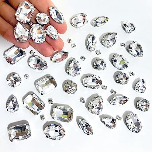 Yixinly 236 Pcs Strass a Coudre Verre, Gros Strass pour Couture avec Griffe, Strass Argenté Strass Vetement, Rhinestones Strass a Coudre, pour Vêtements DIY Artisanat, Chaussures, Sacs (Blanc)