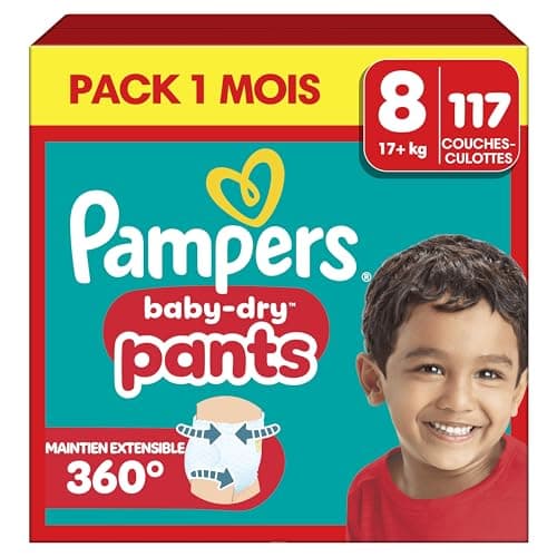 Pampers Baby-Dry Pants, Taille 8, 117 Couches-Culottes, 19kg+, Maintien 360° Contre Les Fuites Pour Un Ajustement Optimal Pour Éviter Les Bâillements Et Les Fuites, Pack 1 Mois