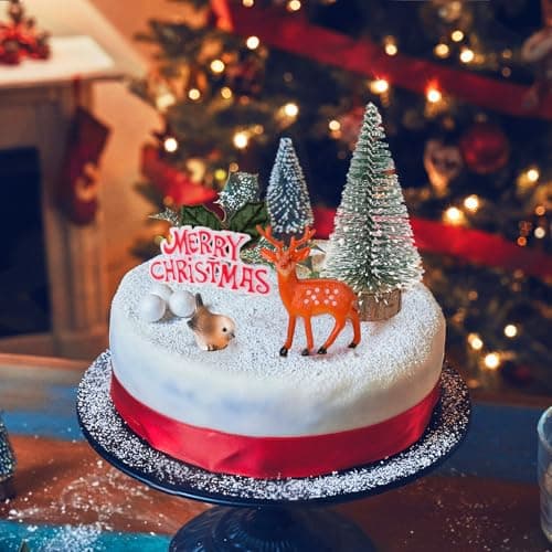 BETESSIN Ensemble de 5 Décoration Gâteau Noël Cake toppers Miniature Figurine Sapin Renne Oiseau Feuilles de Houx Joyeux Noël pour Cupcake Pâtisserie Desserts