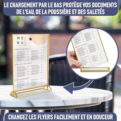Dasher Products Cadres Photos Dorés Double Face - Pack de 6 - Porte-numéros de table dorés en acrylique, chevalets de table transparents pour affiche, porte-menus, cadres photos (A4)
