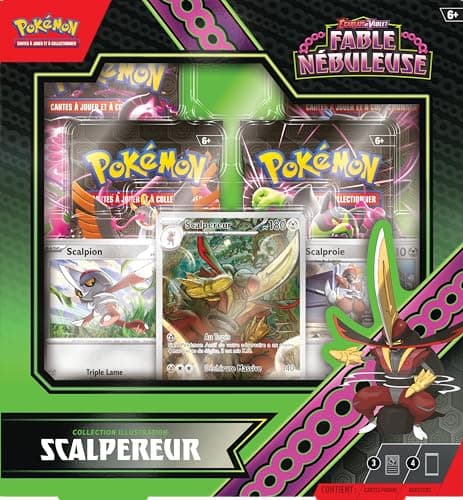 JCC Pokémon : Collection Illustration Écarlate et Violet – Fable Nébuleuse – Scalpereur (1 Carte Promo Brillante entièrement illustrée, 2 Cartes Brillantes et 4 boosters)