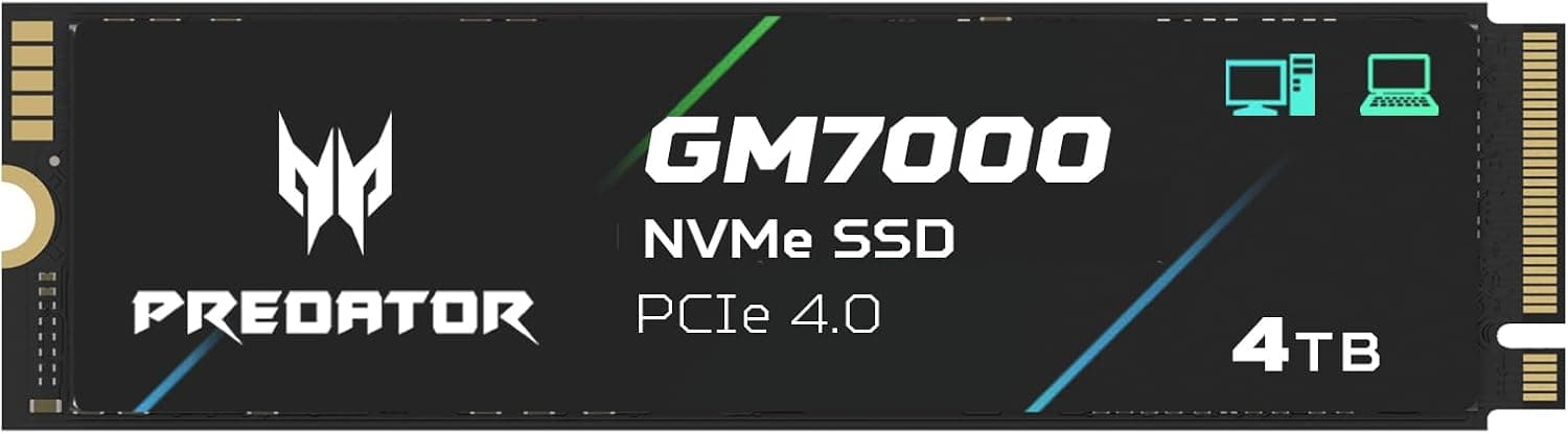 Acer Predator GM7000 Gaming SSD 4 to - Jusqu’à 7400 Mo/s en Lecture - M.2 2280 NVMe PCIe Gen4 avec Cache DRAM, SSD Interne pour Ordinateur Portable et de Bureau - Compatible PS5