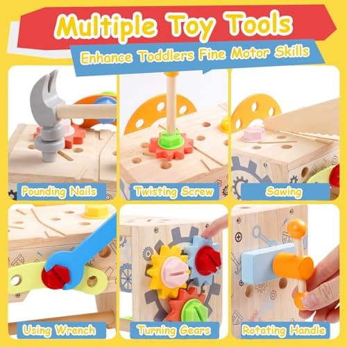 Caisse a Outil Enfant Jouet Enfant 2 Ans, 3 en 1 Boite a Outils Enfant Etabli Enfant Jeux Enfant 3 4 Ans, Jouet en Bois Jouet Montessori Jeu Educatif Cadeau Enfant 2 3 4 Ans(52 Pièces )