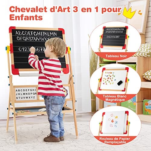 DREAMADE Chevalet d’Art pour Enfants, Chevalet en Bois Double Face Réglable avec Tableau Blanc Magnétique & Tableau Noir, Rouleau de Papier Bonus et Aimants en Lettres, Planche à Dessin Debout