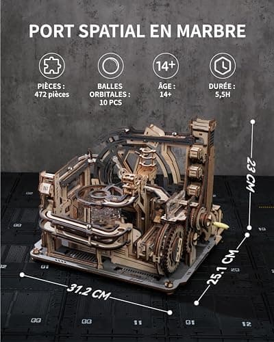 ROKR Circuits de Billes Puzzle en Bois 3D aquette en Bois a Construire, Kits de modèle mécanique Moteur avec des boules, Modes automatiques et manuels, Marble Spaceport, LGC01