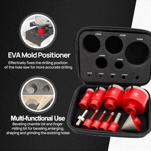 FOCSTOL Foret Diamant Carrelage Kit - 10 pièces (6/6/8/25/35/50/68mm+10mm Fraise+50mm Mèches Chanfrein Biseautées+Adaptateur) Scie Cloche Diamantée pour Porcelaine Carrelage Marbre Granit