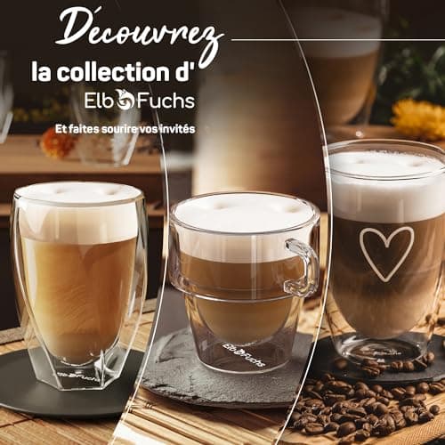 ElbFuchs® Tasse double paroi expresso [4x 150ml EMPILABLE] Verre double paroi à expresso | Verre isotherme | Tasse café transparente | Tasse a cafe double paroi avec anse