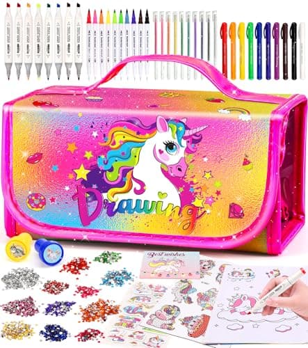 Ophy Feutres Coloriage Enfants - Set d'art pour Enfants avec Autocollants en Diamant Feutre Enfant Ensemble de Marqueurs Double Marqueur Livre de Coloriage Crayons Coloriage Enfant Cadeau Fille