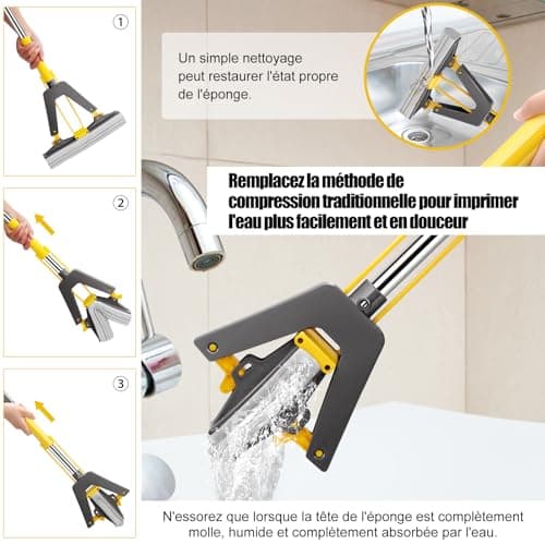 Myiosus Balai Eponge avec Essorage, Balai Serpillere avec 3 éponge PVA absorbante et Réutilisables, Poignée Réglable de 130 cm, Vadrouille éponge pour Nettoyage de Sol