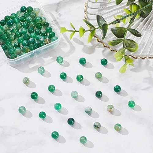 OLYCRAFT Environ 94pcs Perles D'Agate Naturelle 8mm Perles D'Agate Rayées Vertes Teintées Perles D'Agate Bandes Vertes Perles Rondes Vrac Pierre D'Énergie pour Bracelet Collier Fabrication Bijoux