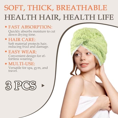 PHOGARY Turban pour Cheveux, Serviette Microfibre Cheveux Bouclés, Lot de 3 Serviettes Turban avec Bouton 65x25 cm, Ultra-Épaisses Serviette Seche Cheveux Sechage Rapide pour Femmes et Enfants