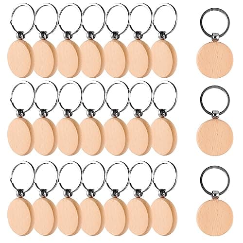 Bubuny 24 PCS Porte-Clés en Bois Vierges, Porte Clés Bois Brut avec Anneaux, Porte-clés Ronds Naturel Personnalisé pour la peinture, l'artisanat, DIY Gravure Pyrogravure Porte-Clés en Bois