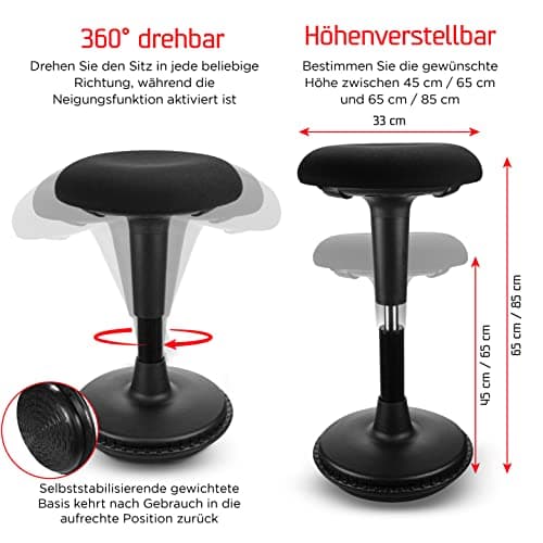 Dynaseat Tabouret ergonomique réglable en hauteur pour s'asseoir et se tenir debout (noir, version 45-65) - Tabouret de bureau ergonomique - Tabouret de bureau avec effet oscillant - Aide à la